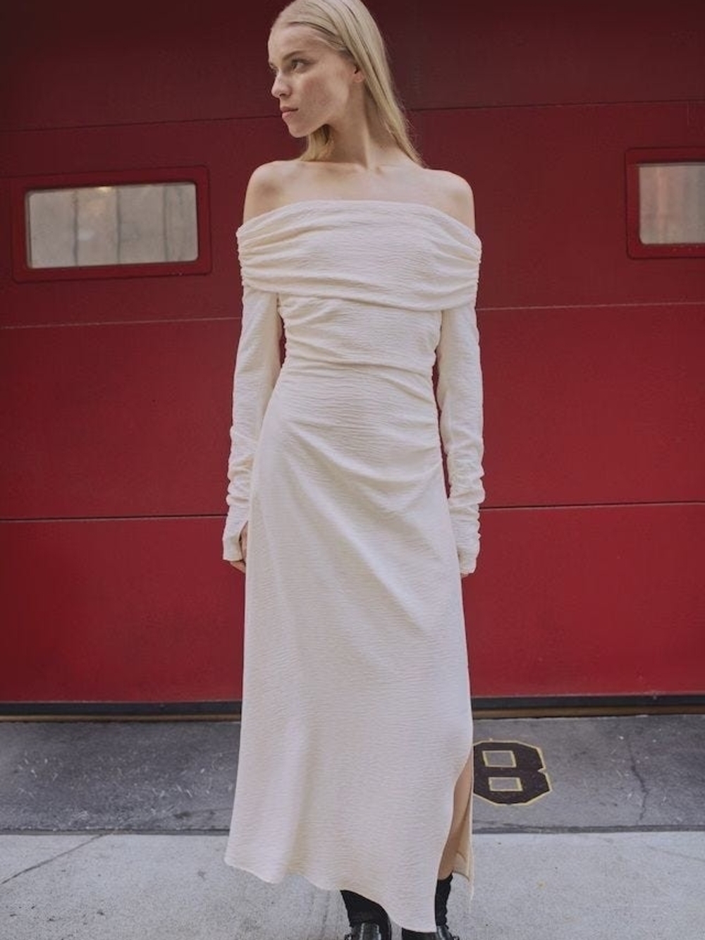 Mango Off-Shoulder Long Sleeve Cream Maxi Dress